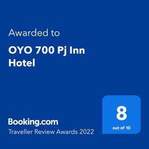 Palkinto, sertifikaatti, kyltti tai muu asiakirja, joka on esillä majoituspaikassa OYO 700 Pj Inn Hotel