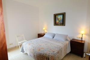 ムンロッチ・ダル・カムにあるRental Apartments At Bonmont Terres Novesのベッドルーム1室(青い枕2つ付きのベッド1台付)