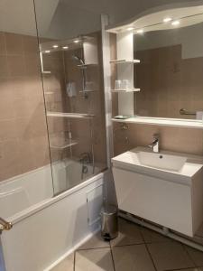 a bathroom with a tub and a sink and a shower at Hôtel de la Poste in Pouilly-en-Auxois