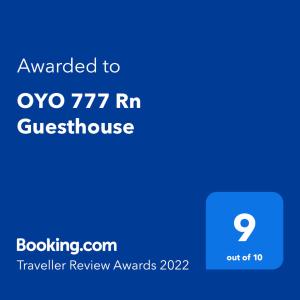 Ein Zertifikat, Auszeichnung, Logo oder anderes Dokument, das in der Unterkunft OYO 777 Rn Guesthouse ausgestellt ist