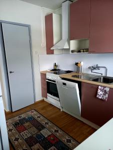 a kitchen with a sink and a stove top oven at Citykoti in Varkaus