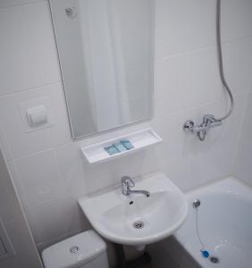 a bathroom with a sink and a toilet and a mirror at Ametist Hotel in Apatity