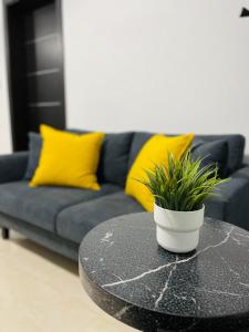 un canapé bleu avec des oreillers jaunes et une table avec une plante dans l'établissement Park View, Maisonette 2, à San Pawl il-Baħar