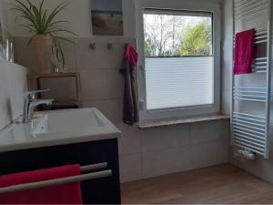 a bathroom with a sink and a window at Haus 5 Zehn in Werdum
