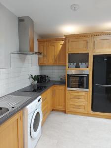 a kitchen with wooden cabinets and a washer and dryer at 4 Eyre Square Lane in Galway
