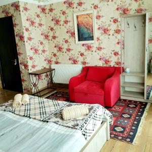 een slaapkamer met een bed en een rode bank bij North Kazbegi in Kazbegi