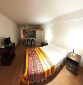 1 dormitorio con cama, escritorio y cocina en Terra1 en San Carlos de Bariloche