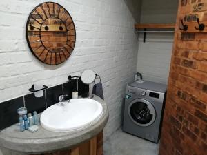 a bathroom with a sink and a washing machine at Bushbaby Cottage in Hartbeespoort in Pretoria