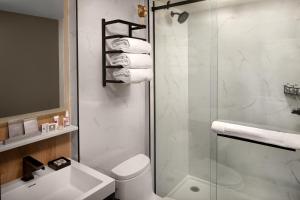 a bathroom with a shower, toilet and sink at Hotel Indigo - NYC Downtown - Wall Street, an IHG Hotel in New York