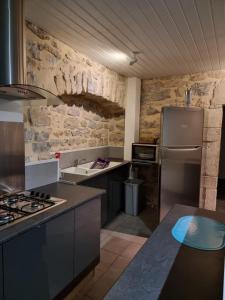 eine Küche mit einem Kühlschrank und einer Arbeitsplatte in der Unterkunft Les Gites de la Petite Boynarde in Boyne