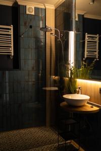 uma casa de banho com um lavatório e um chuveiro em Apartament Zamkowy 2 em Kwidzyn