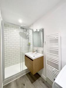 La salle de bains est pourvue d'un lavabo et d'une douche. dans l'établissement T2 refait à neuf Hyper Cosy - À 50m des plages, à Larmor-Plage