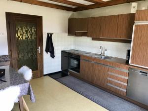 a kitchen with a sink and a stove top oven at Haus Romsicht Karinthië in Kerschdorf