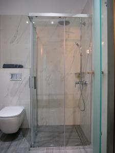 una doccia con porta in vetro in bagno di Elegant Beach Hotel a Kyparissia