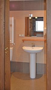 a bathroom with a sink and a mirror and a toilet at Hotel rural val dos pigarros in Lubián