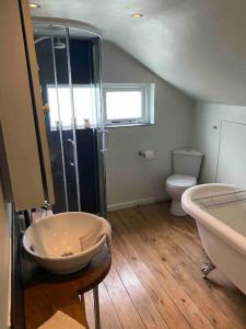 uma casa de banho com um lavatório, um chuveiro e um WC. em Stunning 2 Bedroom Flat in a Central Location em New Alresford