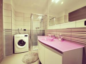 a bathroom with a sink and a washing machine at Naturalmente Casa in Fiavè