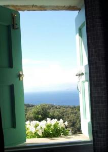 ein offenes Fenster mit Blick auf weiße Blumen in der Unterkunft Charming house with stunning view in Arvanitakaíïka