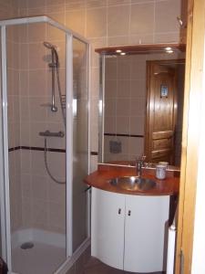 a bathroom with a sink and a shower at Ch'ti NID au pays des lacs in Alièze