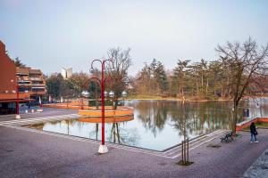 una persona in piedi accanto a un lago in un parco di Appartamento Centrale vicino a Humanitas e Forum Assago a Basiglio