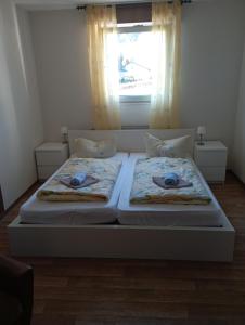 2 Einzelbetten in einem Schlafzimmer mit Fenster in der Unterkunft Gasthof Müller in Winterberg