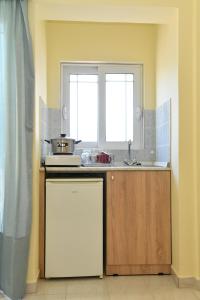 a kitchen with a counter and a sink and a window at Iskas apartments in Ialysos +29 photos
