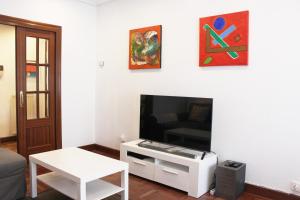 sala de estar con TV de pantalla plana en la pared en Bilbao Apartment Lasai con parking directo, en Bilbao