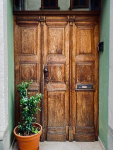 eine Holztür mit einer Topfpflanze davor in der Unterkunft Grünberg House in Traben-Trarbach