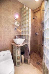 a bathroom with a toilet and a sink and a shower at Ray's Bucktown Bed and Breakfast in Chicago
