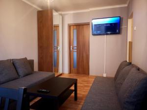 a living room with a couch and a tv on the wall at Apartament Nowowierzbowa 16 Zawiercie in Zawiercie