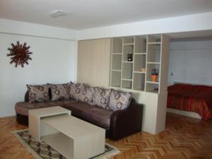 sala de estar con sofá marrón y mesa en Villa Marta, en Ohrid