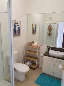 a bathroom with a toilet and a sink and a mirror at Maggie's Place in Cowes in Cowes