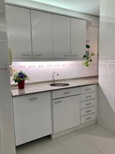 una cocina blanca con fregadero y armarios blancos en Habitación privada en Bilbao Centro, en Bilbao