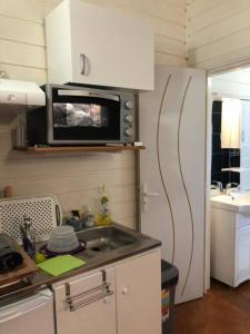 a small kitchen with a sink and a microwave at Le Marin - Bungalow - Escapade en couple - Paisible - Wi-Fi - Climatisation - Joyau caché - Calme - Plages du Sud & Marina du Marin proche en voiture - "sea, sxx and sun" - Acheminement sur demande en supplément - location de voiture 7 places à 20 euros in Le Marin