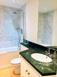 Luxury apartment in the heart of Bath في باث: حمام مع حوض ومرحاض ومرآة