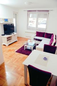 ein Wohnzimmer mit einem weißen Sofa und einem TV in der Unterkunft Apartman Luna lukavica in Lukavica