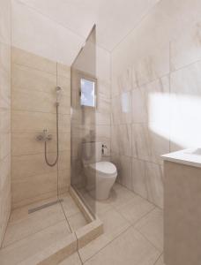 a bathroom with a shower with a toilet and a sink at Chouzourakis Studios in Keratokampos