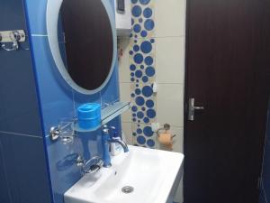 a bathroom with a white sink and a mirror at Garsoniera Dănuț in Baile Felix