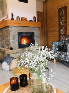 ポランチクにあるWilcza Chataの暖炉と花瓶のあるリビングルーム