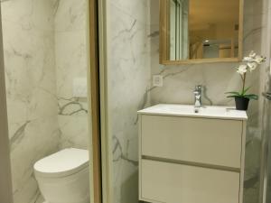 a white bathroom with a toilet and a sink at Les Petits Volets 3 appartements au choix in Antibes