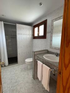 uma casa de banho com um lavatório, um WC e um espelho. em Hostal CAN GALLU em Cala Ratjada