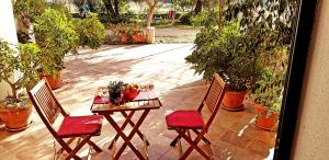 uma mesa e duas cadeiras com plantas num pátio em Caracol country Apartments em Orosei