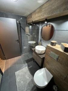 y baño con aseo, lavabo y espejo. en Retro Retreat Unique Industrial Design apartment, en Cluj-Napoca