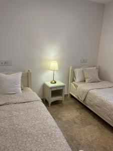 聖費柳德吉克索爾斯的住宿－Apartamento luminoso Paloma a 350 metros de la playa con parking gratuito，一间卧室设有两张床和一张桌子上的台灯。