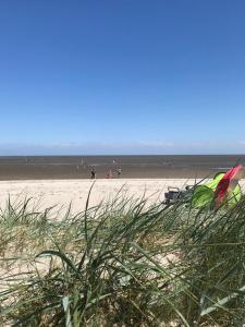 a beach with people on the sand and a kite at Ferienwohnungen Koch EG adult only in Wangerland