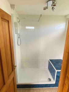 a bathroom with a shower with a blue tile floor at Chalet Escapes in Kidwelly