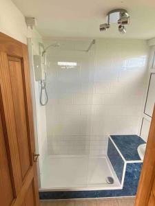a bathroom with a shower with a blue tile floor at Chalet Escapes in Kidwelly