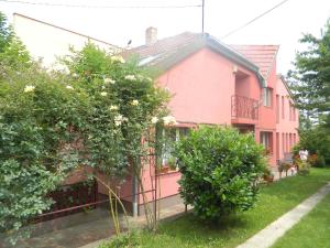 una casa rosa con arbustos delante en Cazare Vio, en Cluj-Napoca