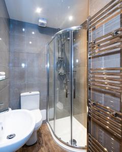 a bathroom with a shower and a toilet and a sink at Sunbank House Metro Hotel in Perth