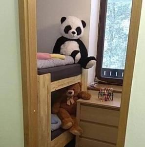 niedźwiedź panda siedzący na łóżku piętrowym w obiekcie Apartma Anja w mieście Zgornje Gorje
